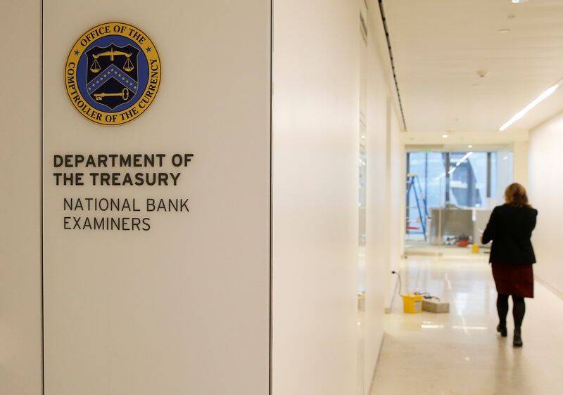 The logo and seal of the Department of the Treasury is seen inside the new United States embassy building is seen during a press preview near the River Thames in London
